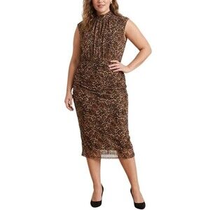Chico's Midi Dress Ruched Mesh Overlay Animal Print Size XXL / 20 Sleeveless EUC